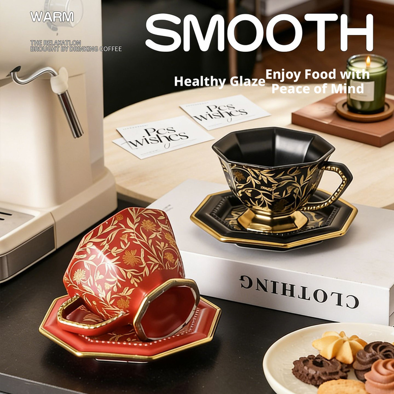Coffee Tea Festival - Octagon Vintage Keramische Koffiekop en Schotelset,