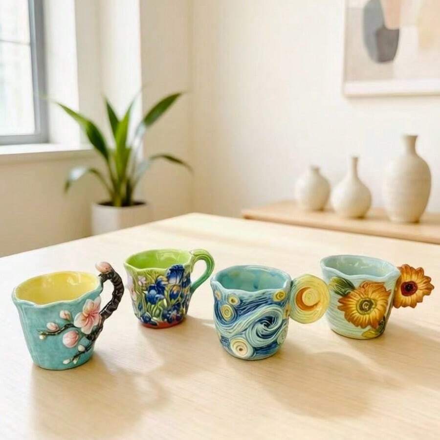 Coffee Tea Van - 4-delige Van Gogh-serie geëmbosseerde keramische Italiaanse