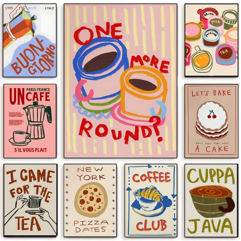 Wallpaper Coffee And Tea - Koffieshop Afternoon Tea Croissant Kleurrijke Poster