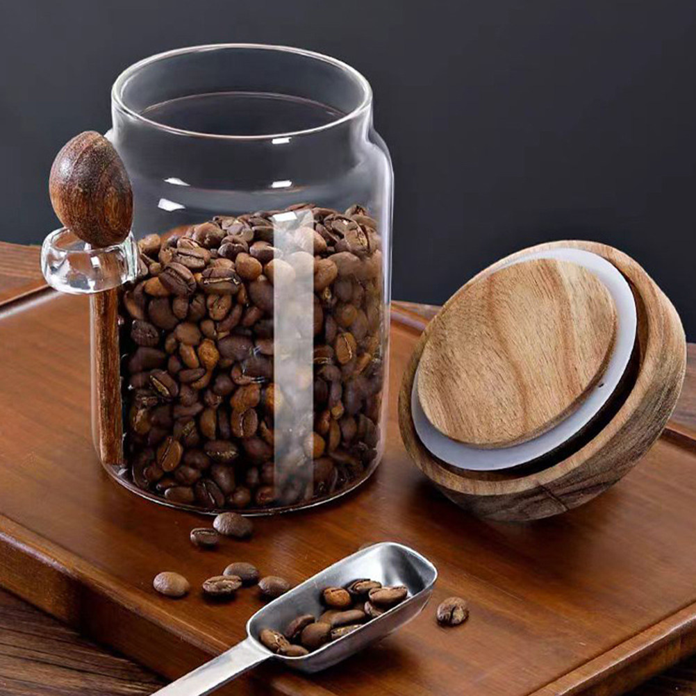 Coffee Tea Bean - Glazen koffiebonen bewaarpot met luchtdicht houten
