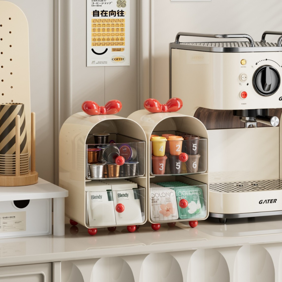 Coffee Tea Containers - Crèmekleurige koffiecapsule-organizer, 2-laags opbergdoos voor theezakjes,