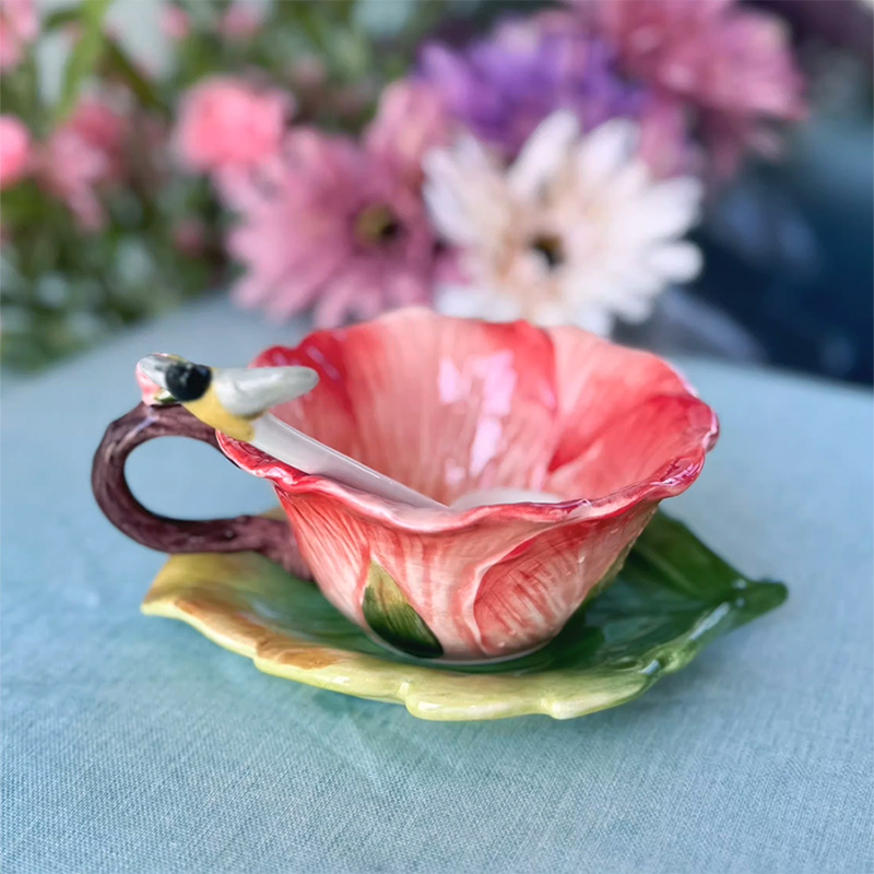 Coffee Or Tea Please - Keramische bloemenkoffiekop met schotel en lepel