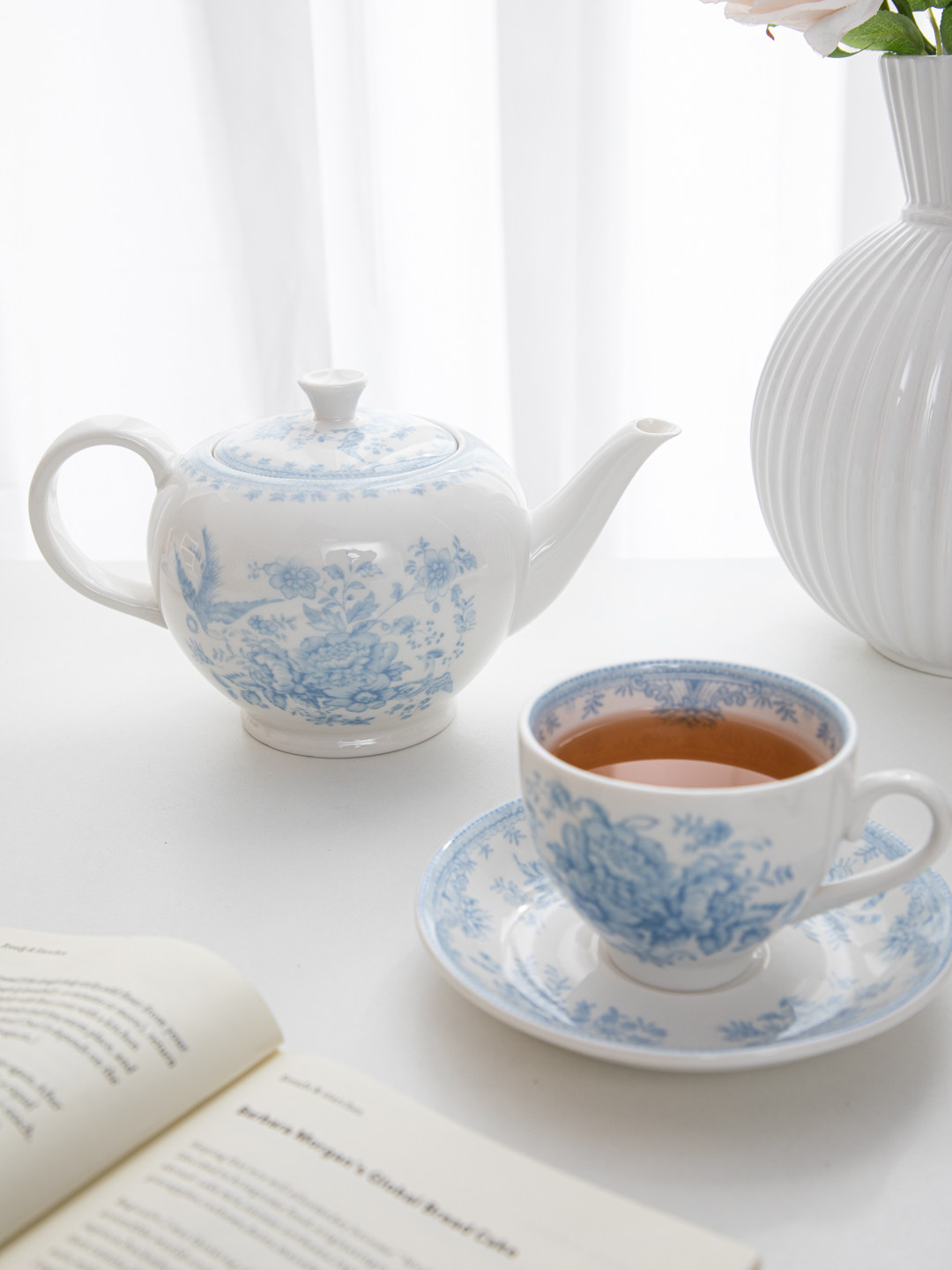 Huis, retro blauwe pioenroos t - Coffee Tea English recensie en prijs